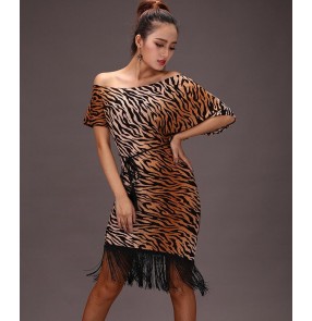 Brown coffee leopard printed black loose bat wing short sleeves slash neck fringes tassels competition performance latin salsa cha cha rumba dance dancing dresses outfits